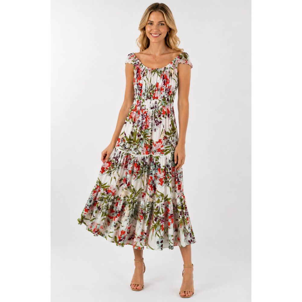 ABEL THE LABEL Cream Floral Off Shoulder Boho Tiered Maxi Dress Size M Medium